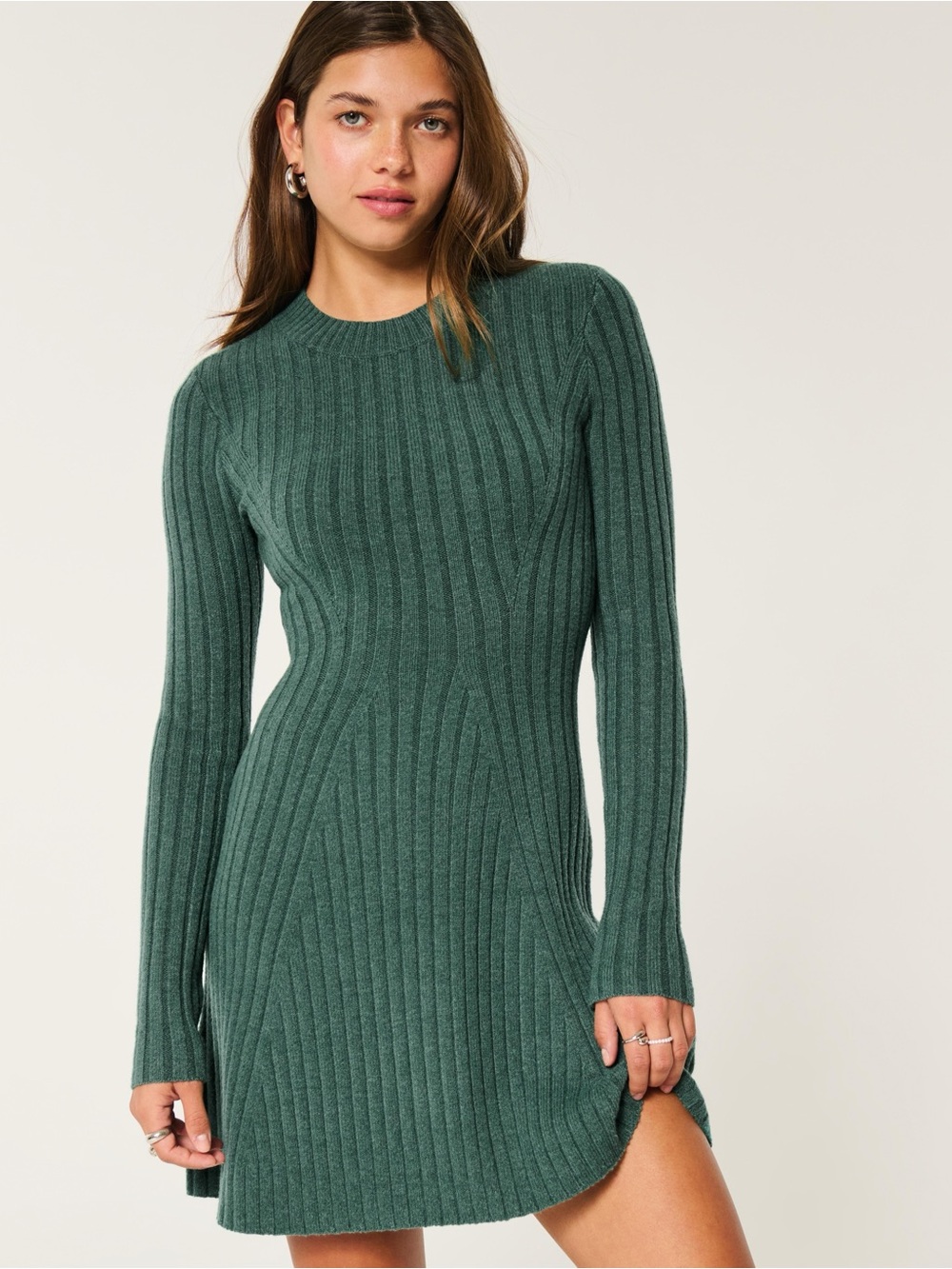Hollister Olive Green Long Sleeve Ribbed Dress